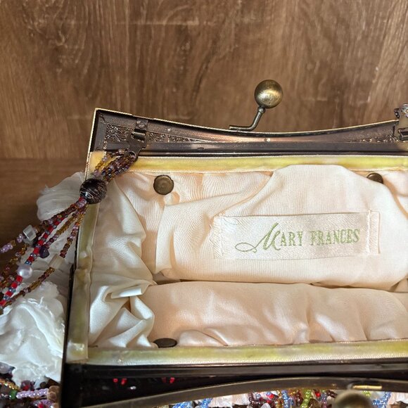 MARY FRANCIS White rusched handbag trimmed in multi color beads NWOT - Picture 3 of 6